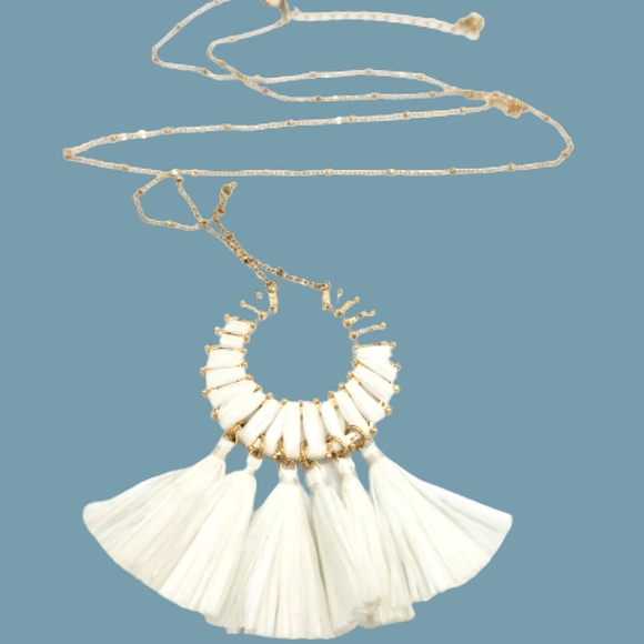 Half Moon Circle Fan Tassel Fringe Opera Lengt Gold tone Textured Chain Necklace - Picture 9 of 9